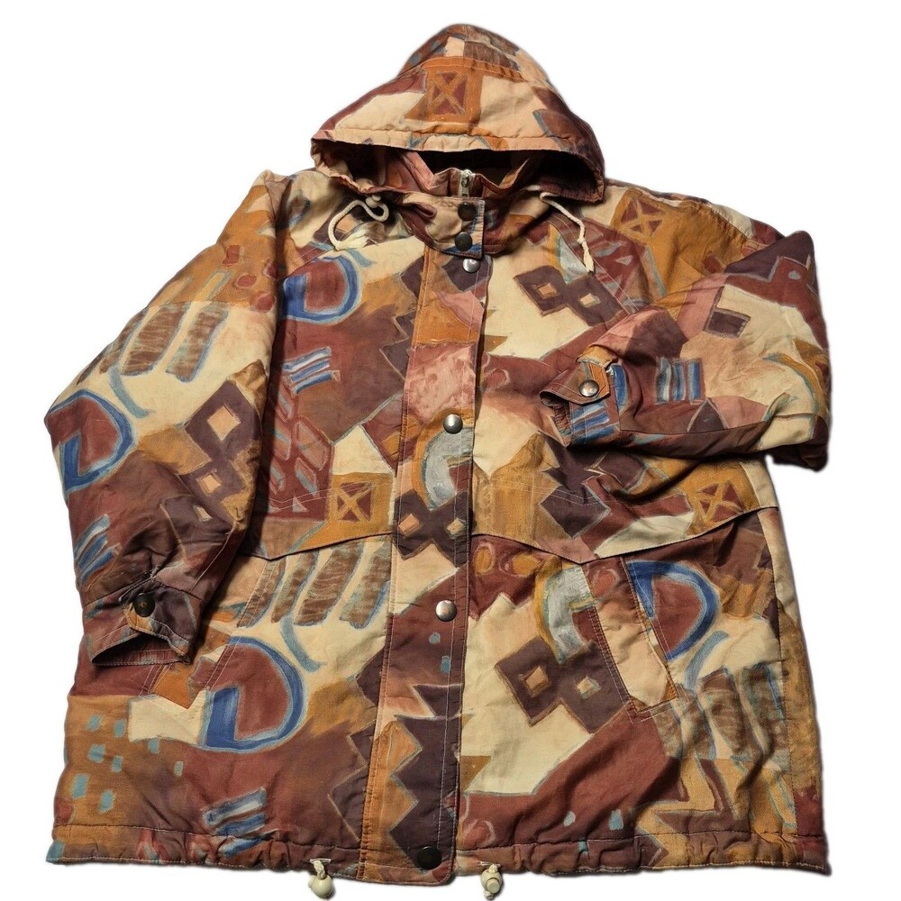 Vtg 80s Rodeo Abstract Geometric Earth Tone Hooded Ski Parka Jacket Rare Print
